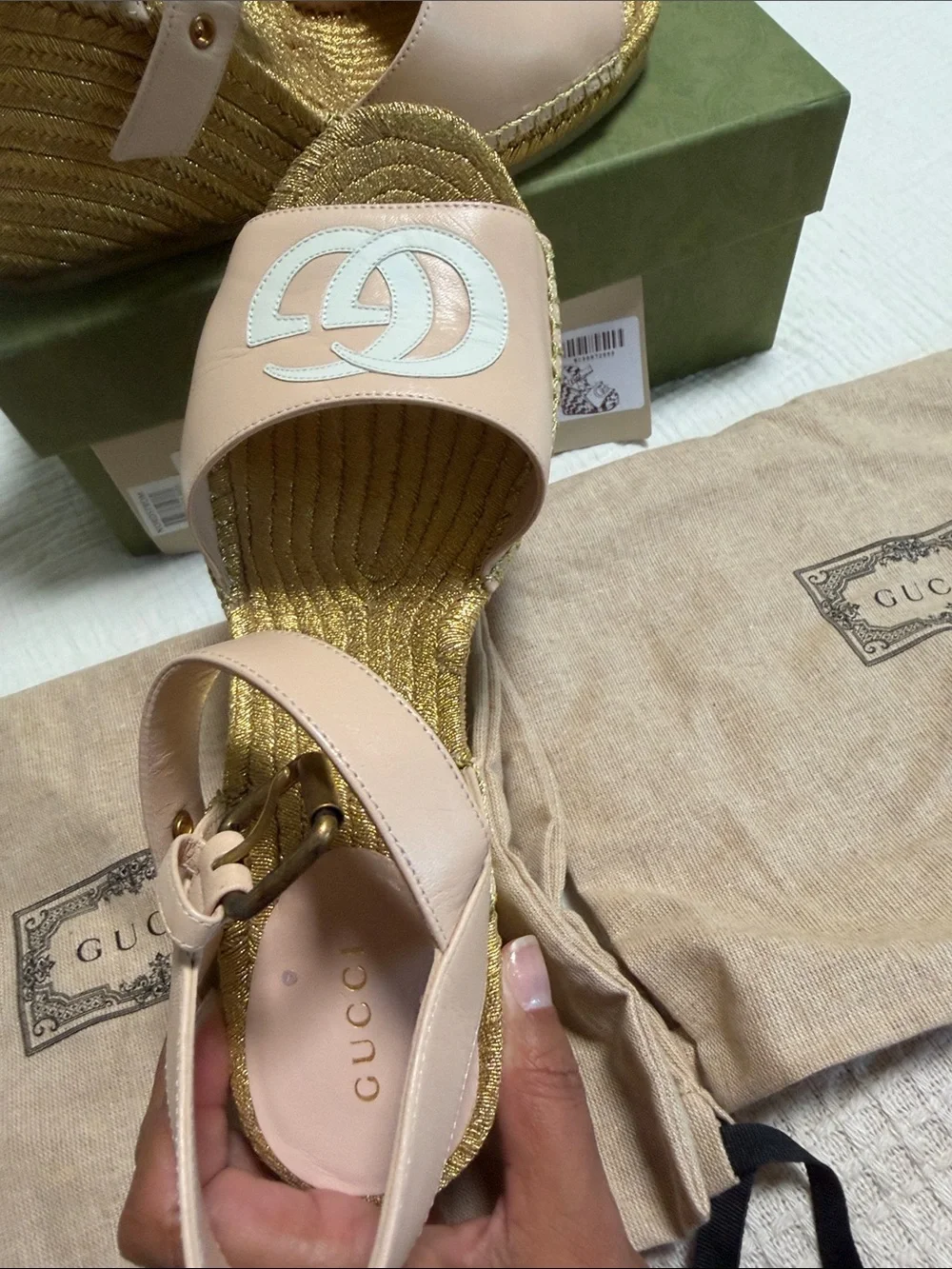 Gucci Pink Leather GG Espadrille Wedge Sandals with Gold Rope Platform